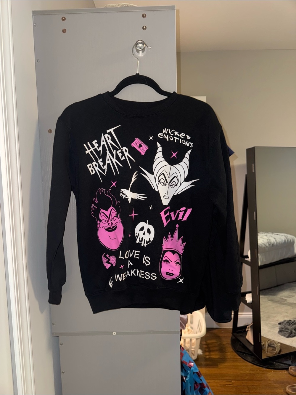 Disney Black Graphic Villains Crewneck Sweatshirt with Pink & White Art